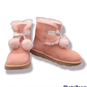 Ugg Kids GITA Boots girls size 4 light pink with satin ribbon and poms